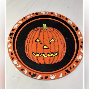 Vintage Halloween MCM Metal Tray Jack O Lantern Yellow Orange Black 13 Inches